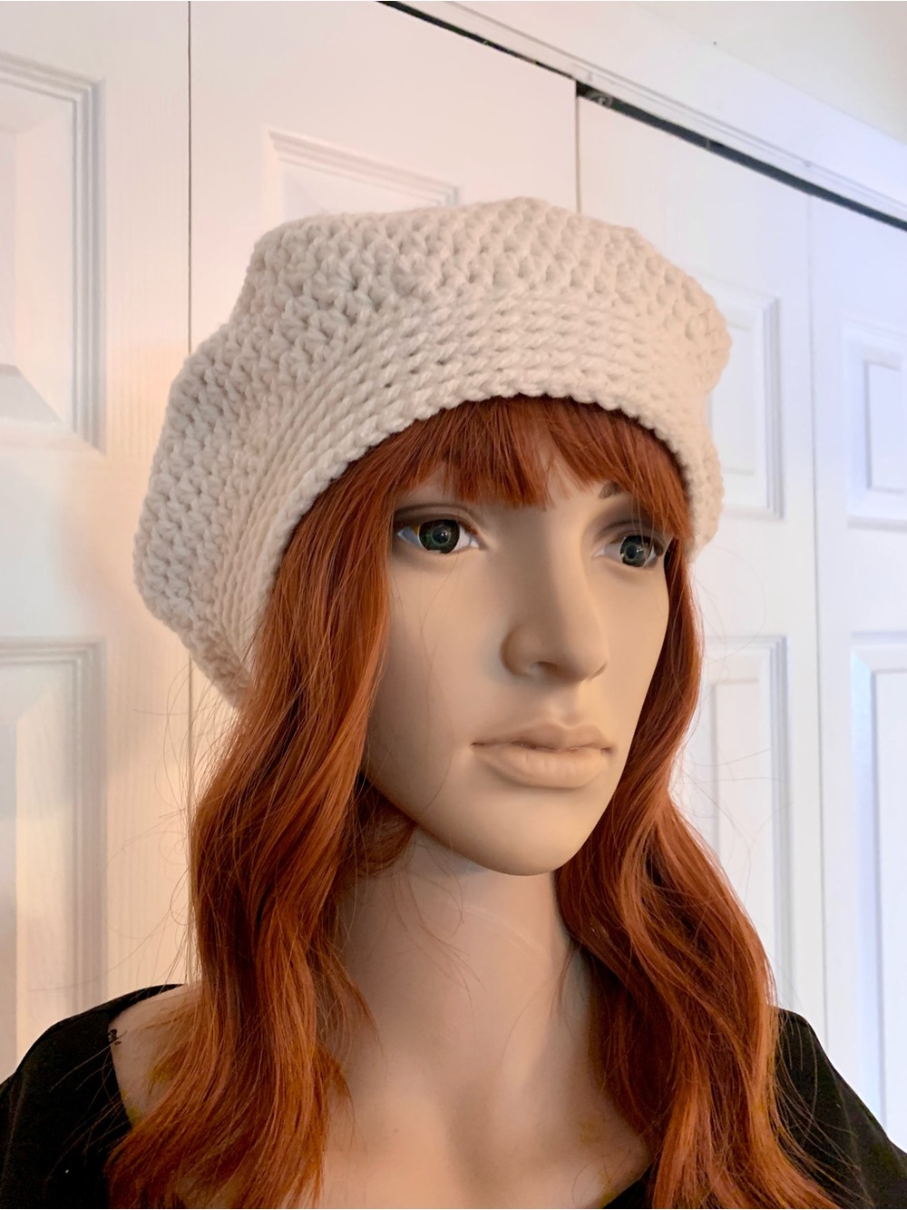 Cream Knit Beret Hat - Women's Winter Accessory